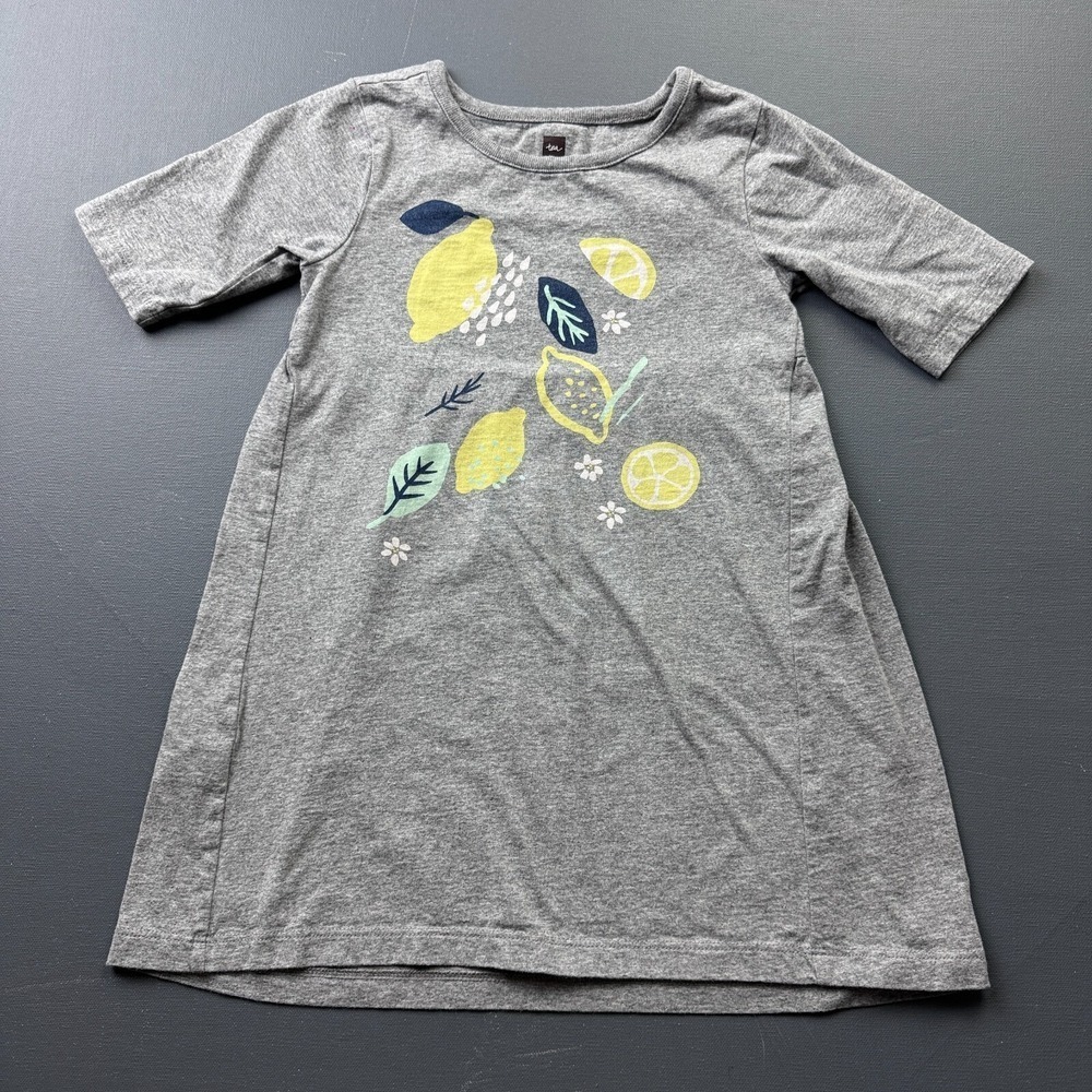 Tea Collection Dress Girls 4 Gray Lemon Print Short Sleeve Cotton Casual Kids